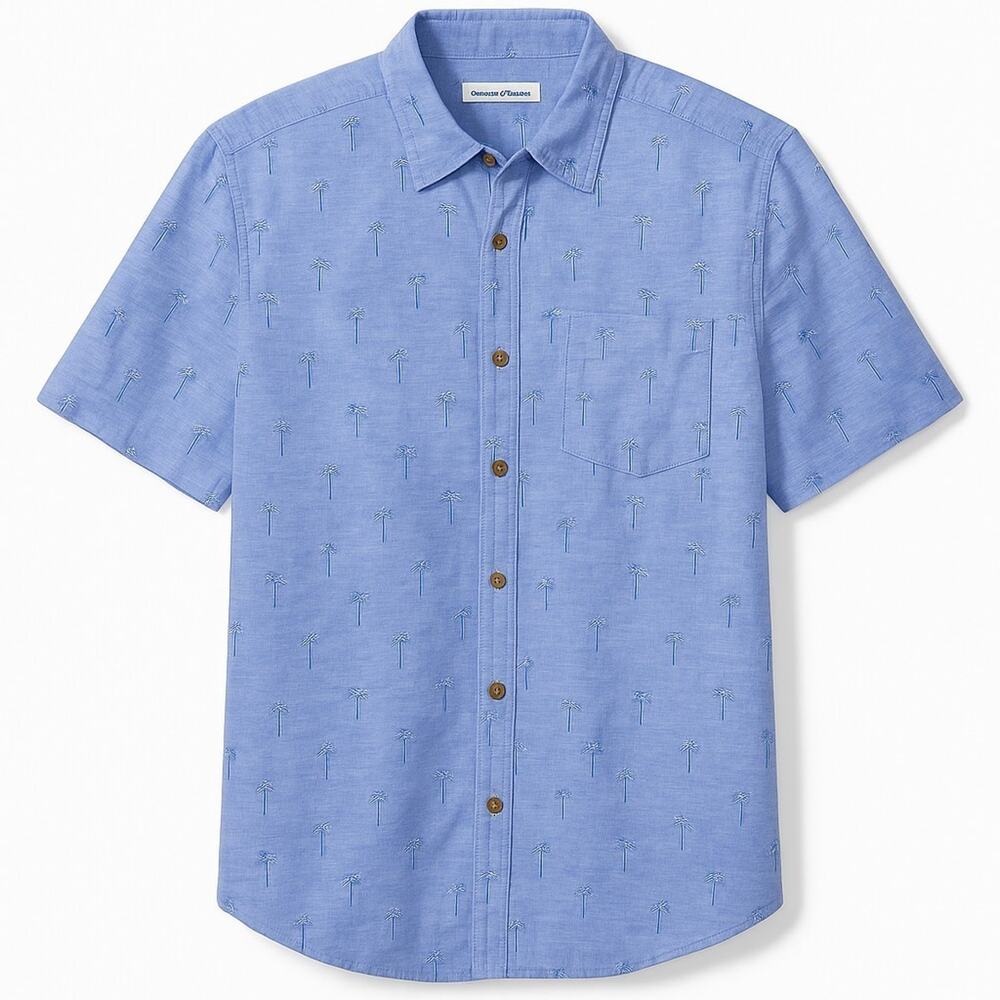 TOMMY BAHAMA Camp Shirt IslandZone Palm Tree Embroidered Blue M NWT | MSRP $138